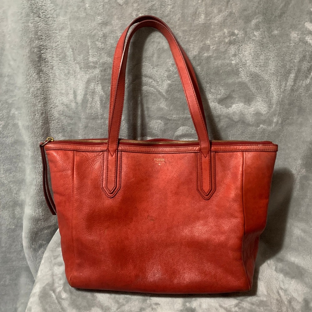 Fossil Emma Red Leather Tote Bag Zip Top Shoulder Bag Cowhide Handbag Flaws